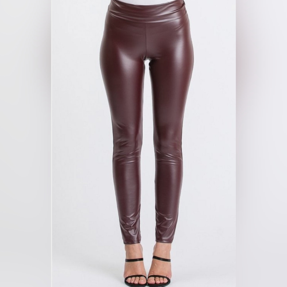 Hemish USA Faux Leather Leggings Burgundy | High Waist Stretch Pants S–3X